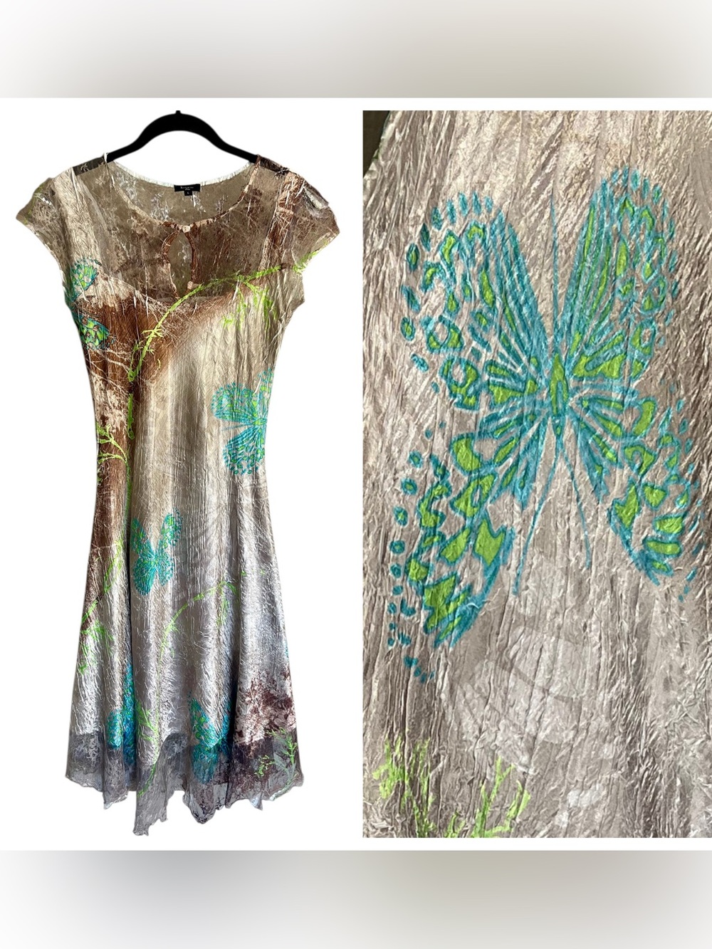 Komarov signature crinkle cap sleeve butterfly print midi dress fairy sz large
